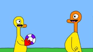 Alameda Post - two goslings from Two Birds from Alameda stand on a soccer field. One holds a soccer ball in their hands