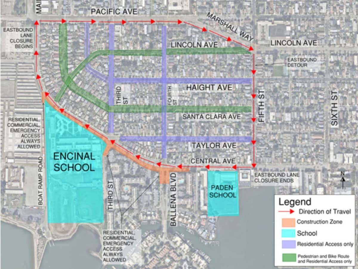 Alameda Post - a map of the Stage 2 detours of the Central Avenue Safety Project