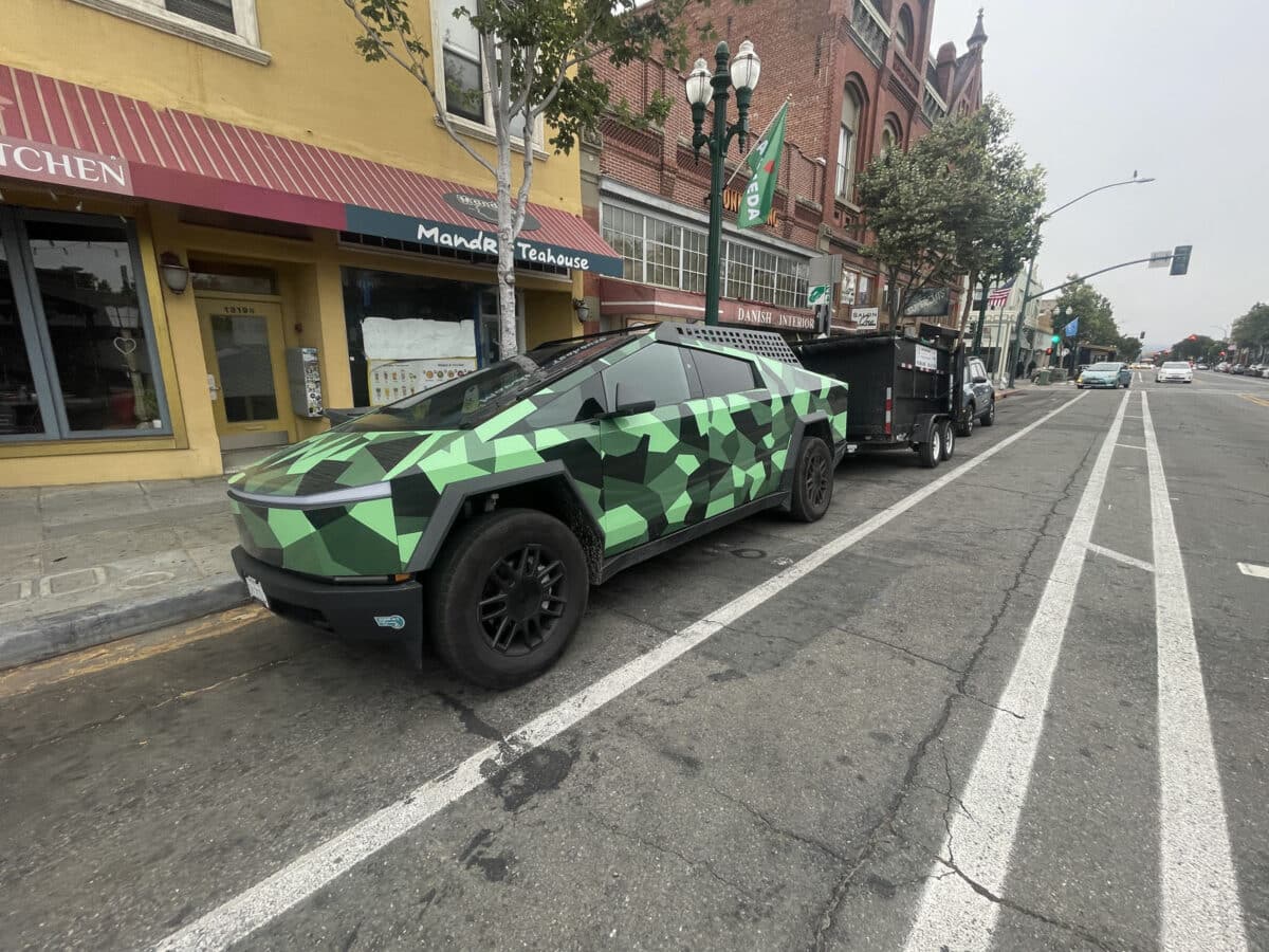 Alameda Post - a cybertruck with a geometric green paint job