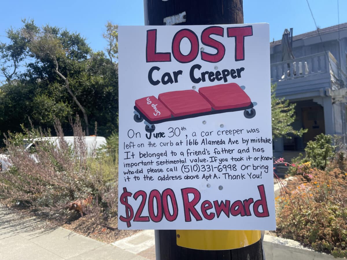Alameda Post - a hand made sign for a Lost car creeper, the device that lets you roll under a car to work on it