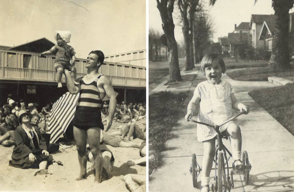 Alameda Post - two old photos. A father holds his baby daughter on the beach, and a young girl rides a bike