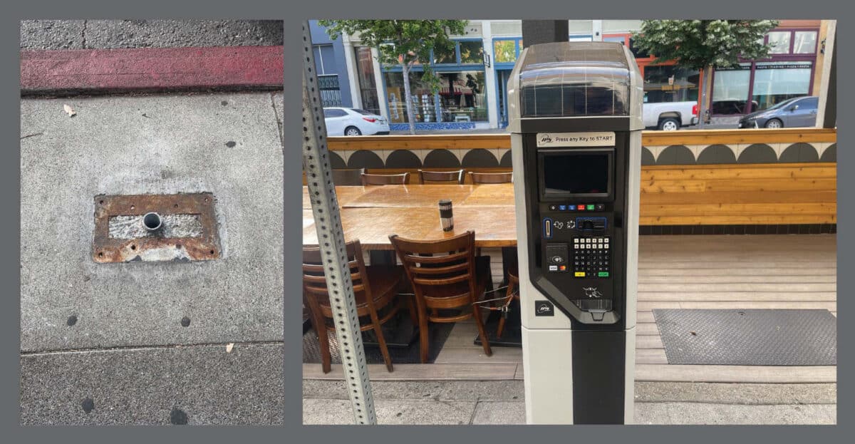 Alameda Post - an empty hole in the ground in the sidewalk and a photo of a new fancy electronic parking machine