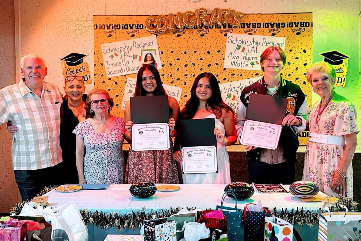 Alameda Post - scholarship winners of the Italian American League of Alameda smile and hold certificates surrounded by adults