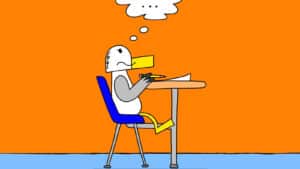 Alameda Post - a seagull from Two Birds from Alameda sits at a student desk with a paper and pencil and thinks