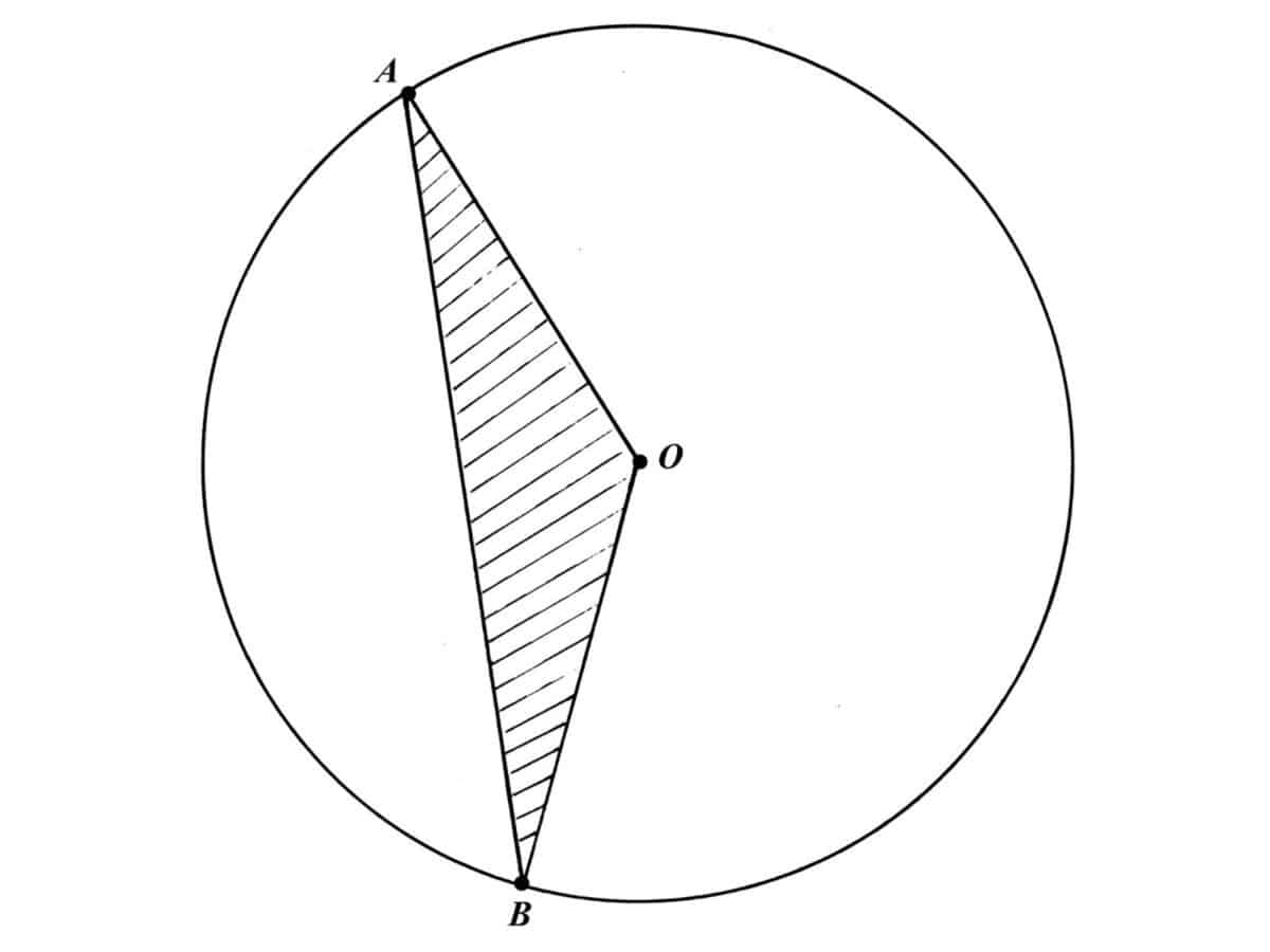 Alameda Post - a diagram of a triangle with two vertices along the circumference of a circle labeled A & B, with the third vertex, also the center of the circle, labeled O.