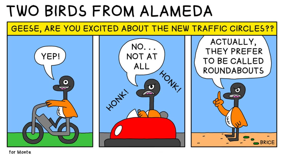 Alameda Post - Two Birds from Alameda for August 7, 2025. The bottom right hand corner says "For Monty." Across the top of the three panel strip, text reads, "Geese, are you Excited about the new traffic circles??" In the first panel, a Goose on a bicycle says, "Yep!" In the second panel, a Goose in a car with honking around them says, "No... not at all." In the third panel, a Goose standing on land says, "Actually, they prefer to be called roundabouts."