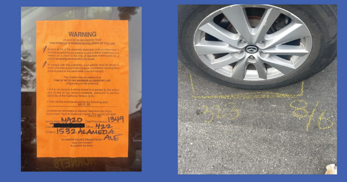 Alameda Post - a photo of the wheel of a car with a chalk like and a date around the wheel, and a photo of the bright orange warning on the window
