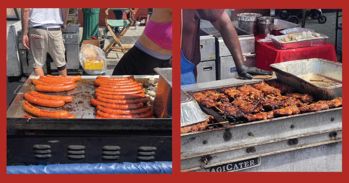 Alameda Post - a grill with hotdogs and chicken