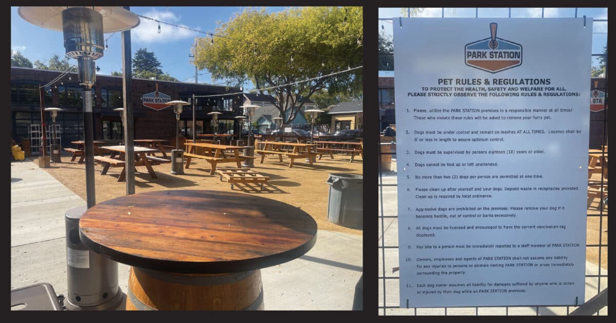 Alameda Post - new picnic benches and outdoor eating area at Park Station. A list of dog rules is posted including number 7: no aggressive, hostile, out of control, or barking dogs