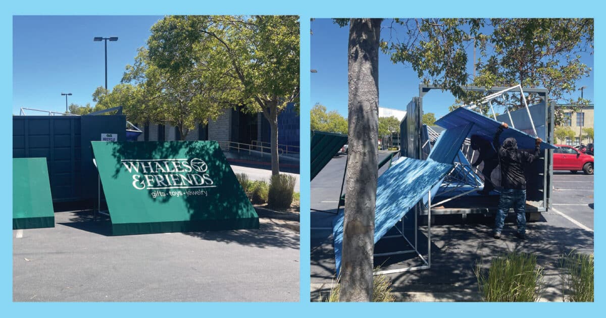 Alameda Post - a photo of the Whales and Friends awning next to a dumpster, and a photo of two people loading them up