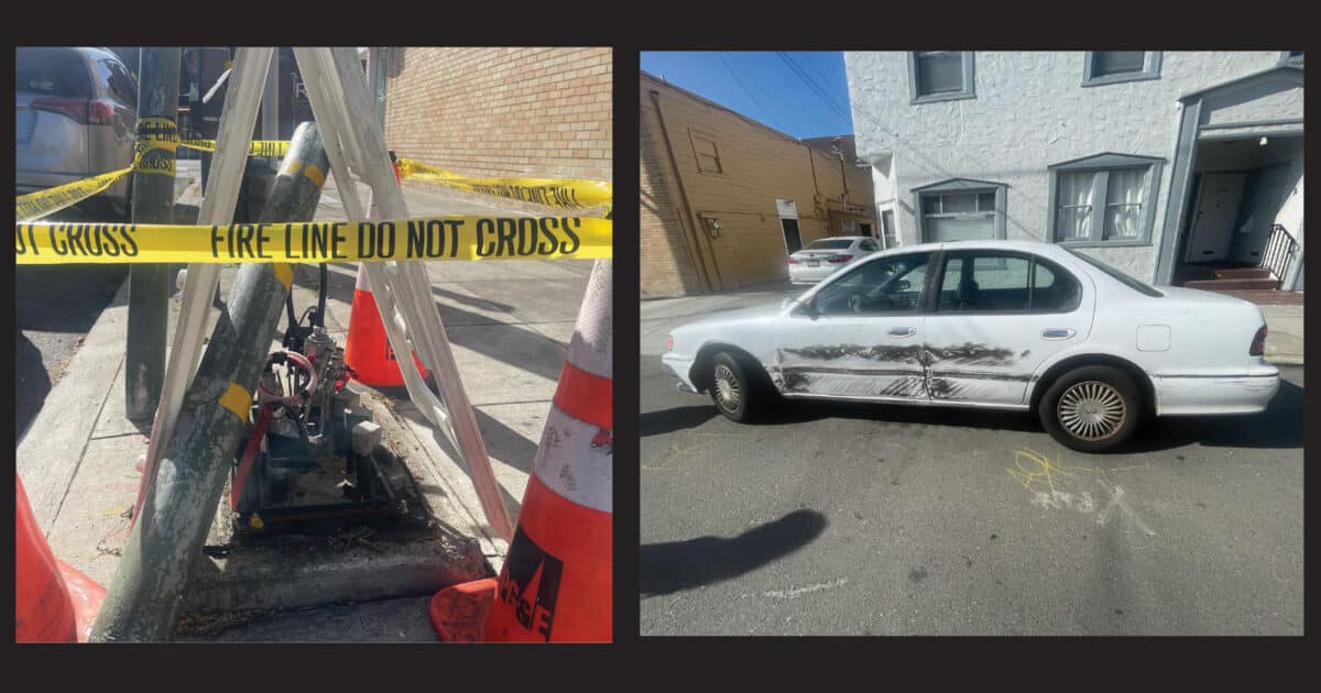 Alameda Post - a photo of a busted up utility box with caution tape and cones around it, and a photo of a car with a large black paint scrape down the side