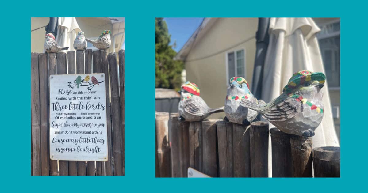Alameda Post - a sign on a fence that says "Rise up this morning' smiled with the risin' sun, three little birds pitch by my doorstep, singin' sweet songs of melodies pure and true, sayin' this is my message to you. Singin' don't worry about a thing, cause every little thing is gonna be alright." and a photo of three little birds statues