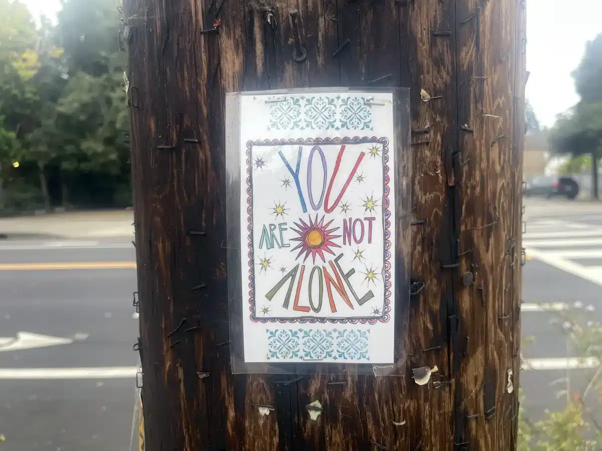 Alameda Post - A sign posted on a telephone pole which reads "You are not alone"