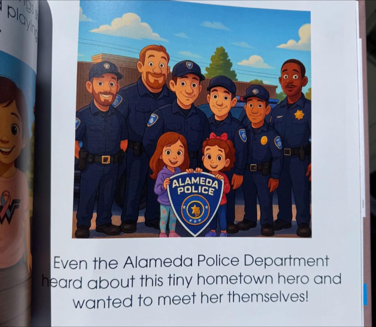 Alameda Post - A children's book with police officers smiling with two young girls. Text says "Even the Alameda Police Department heard about this tiny hometown hero and wanted to meet her themselves!"