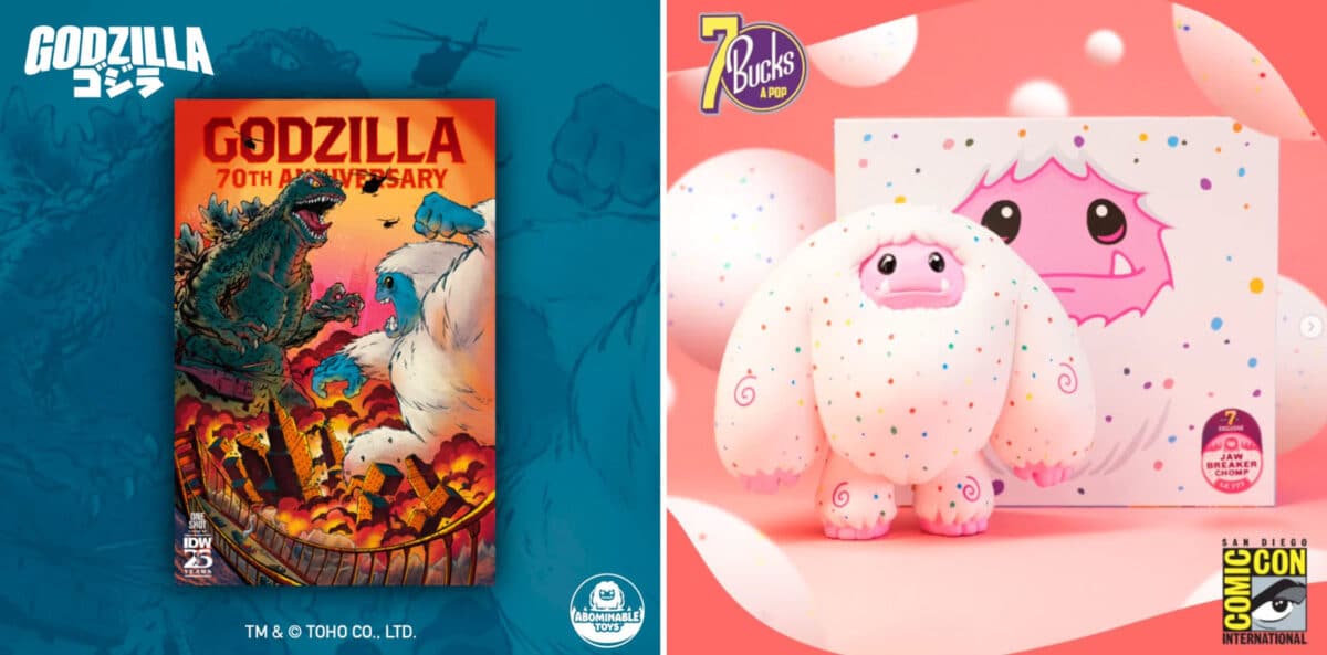 Alameda Post - a figurine of a yeti and a comic cover of the yeti fighting Godzilla