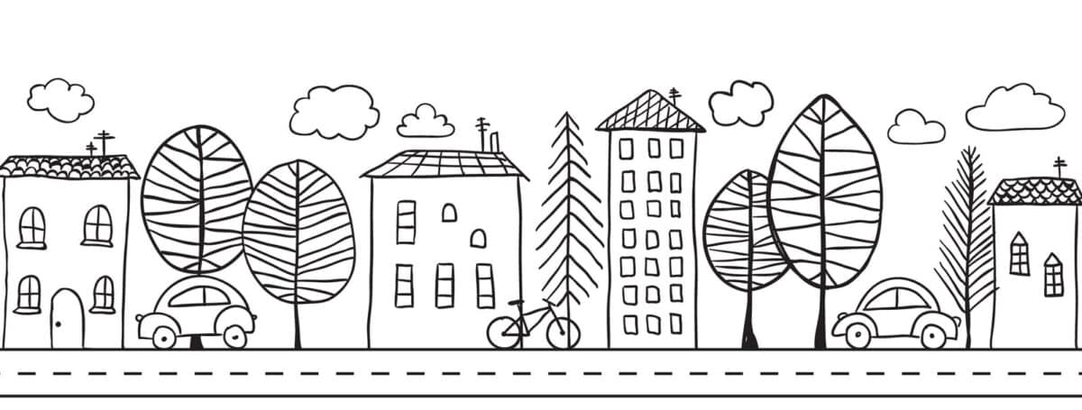 Alameda Post - a doodle of a neighborhood street in an urban area