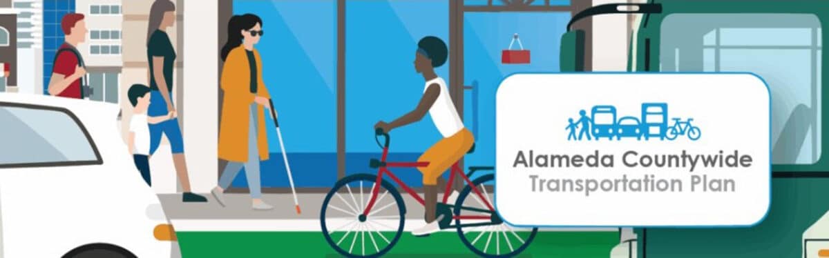 Alameda Post - a drawing or graphic of somebody riding their bike, a person walking with a white cane, and a bus