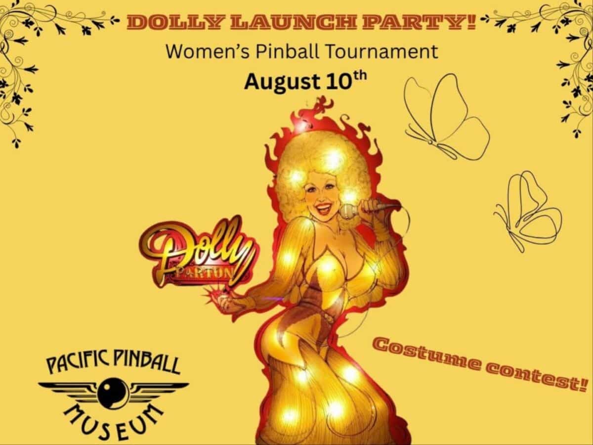 Alameda Post - the poster for the Dolly Launch Party and Women's Pinball Tournament at the Pacific Pinball Museum