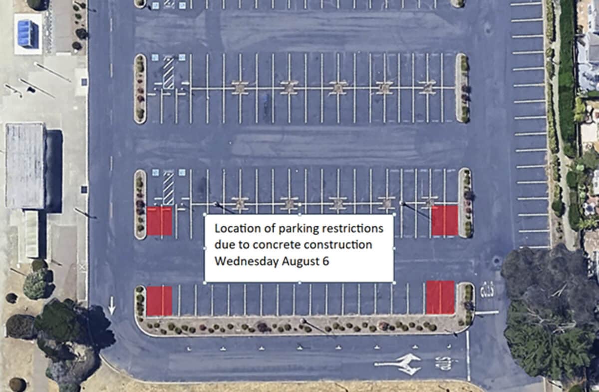 Alameda Post - the harbor bay ferry terminal parking lot from an aerial view with eight parking spots annotated and text that says Location of parking restrictions due to concrete construction Wednesday August 6"