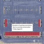 Alameda Post - the harbor bay ferry terminal parking lot from an aerial view with 19 parking spots annotated and text that says Location of parking restrictions due to concrete construction Friday August 8"