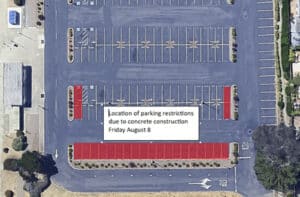 Alameda Post - the harbor bay ferry terminal parking lot from an aerial view with 19 parking spots annotated and text that says Location of parking restrictions due to concrete construction Friday August 8"