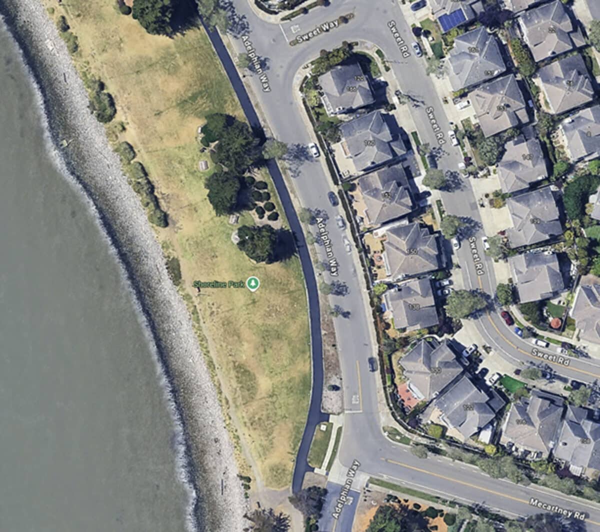 Alameda Post - a map of Shoreline Park, Adelphian Way, and surrounding houses