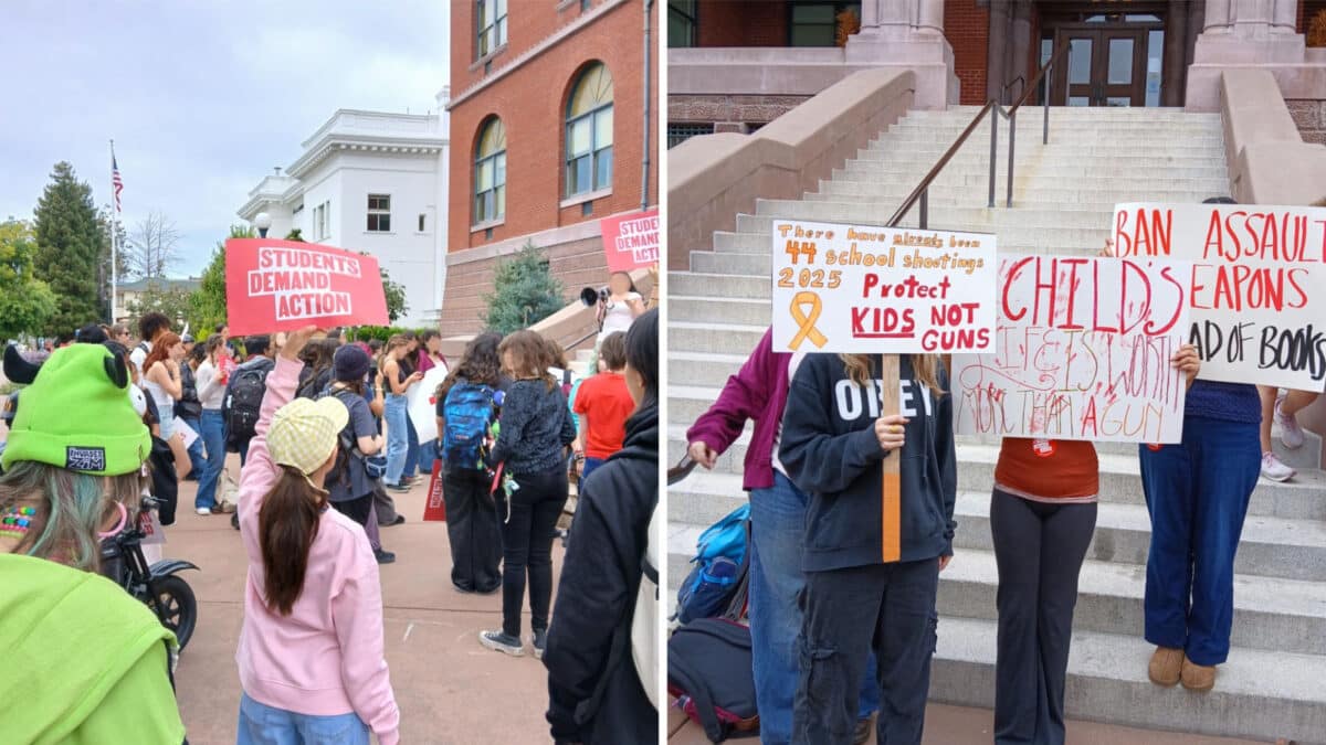 Alameda Post - students hold signs on the steps of City hall and gather in protest against gun violence