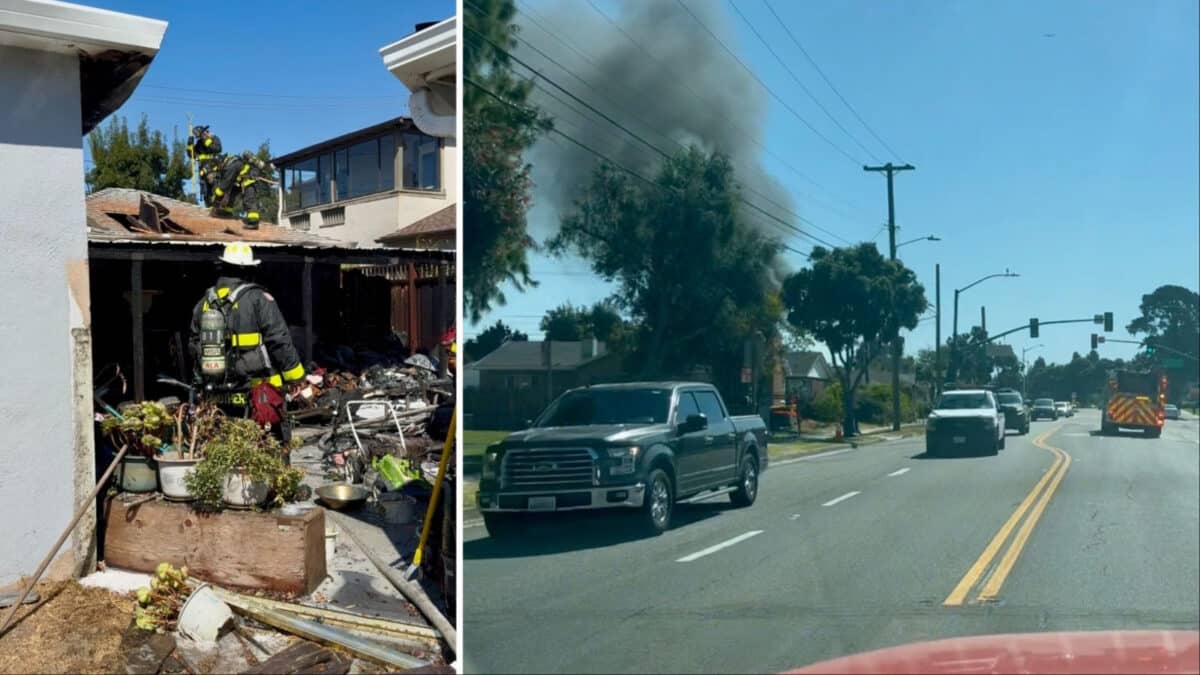 Alameda Post - AFD firefighters in gear stand on a garage roof amongst a lot of fire damaged goods. In a second photo, smoke is seen rising into the sky 
