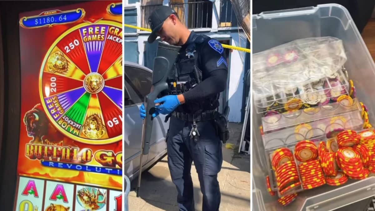 Alameda Post - a photo of an APD officer with a confiscated weapon and a photo of a slot machine and a photo of chips for gambling