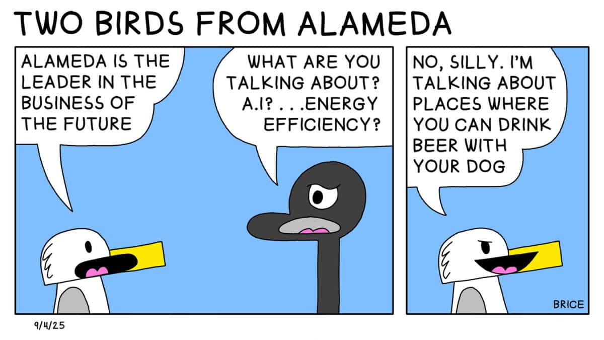 Alameda Post - Two Birds from Alameda for September 4, 2025. Panel 1: Seagull says to Goose, "Alameda is the leader in the business of the future." Goose replies, "What are you talking about? A.I.? ... Energy efficiency?" Second panel: Seagull says, "No, Silly. I'm talking about places where you can drink beer with your dog."