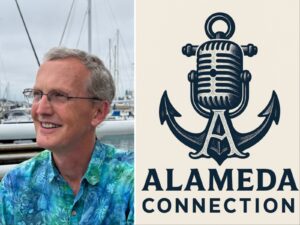 Alameda Post - Alameda PostCast host Scott Piehler smiles in a Hawaiian shirt. Next to that photo is the logo for the Alameda Connection