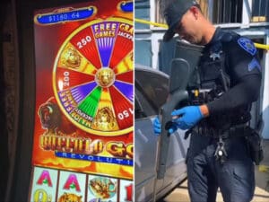 Alameda Post - a photo of an APD officer with a confiscated weapon and a photo of a slot machine
