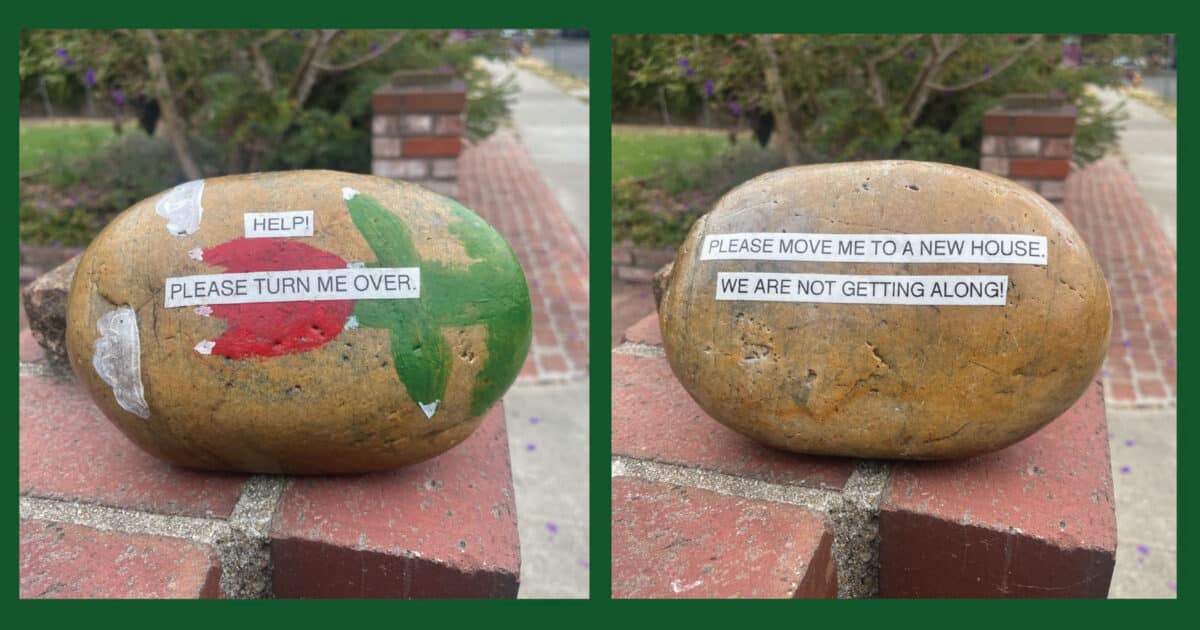 Alameda Post - a large painted rock sits on a brick wall. It says "Help! Please turn me over!" and the other side says "Please move me to a new house. We are not getting along!"