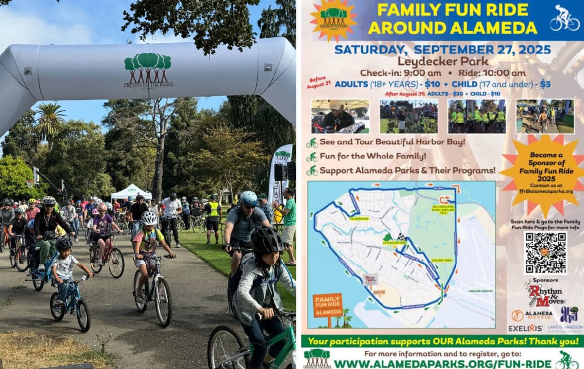 Alameda Post - the poster for the Family Fun Ride Around Alameda and a photo from a past ride