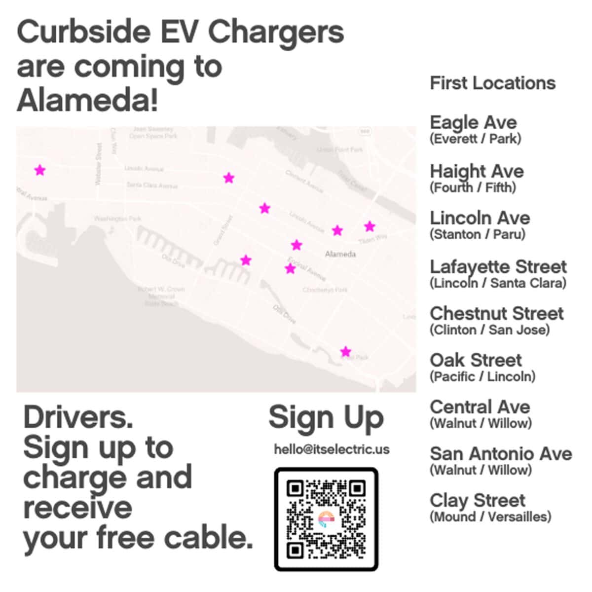 Alameda Post - a poster of the locations of curbside EV chargers coming to Alameda