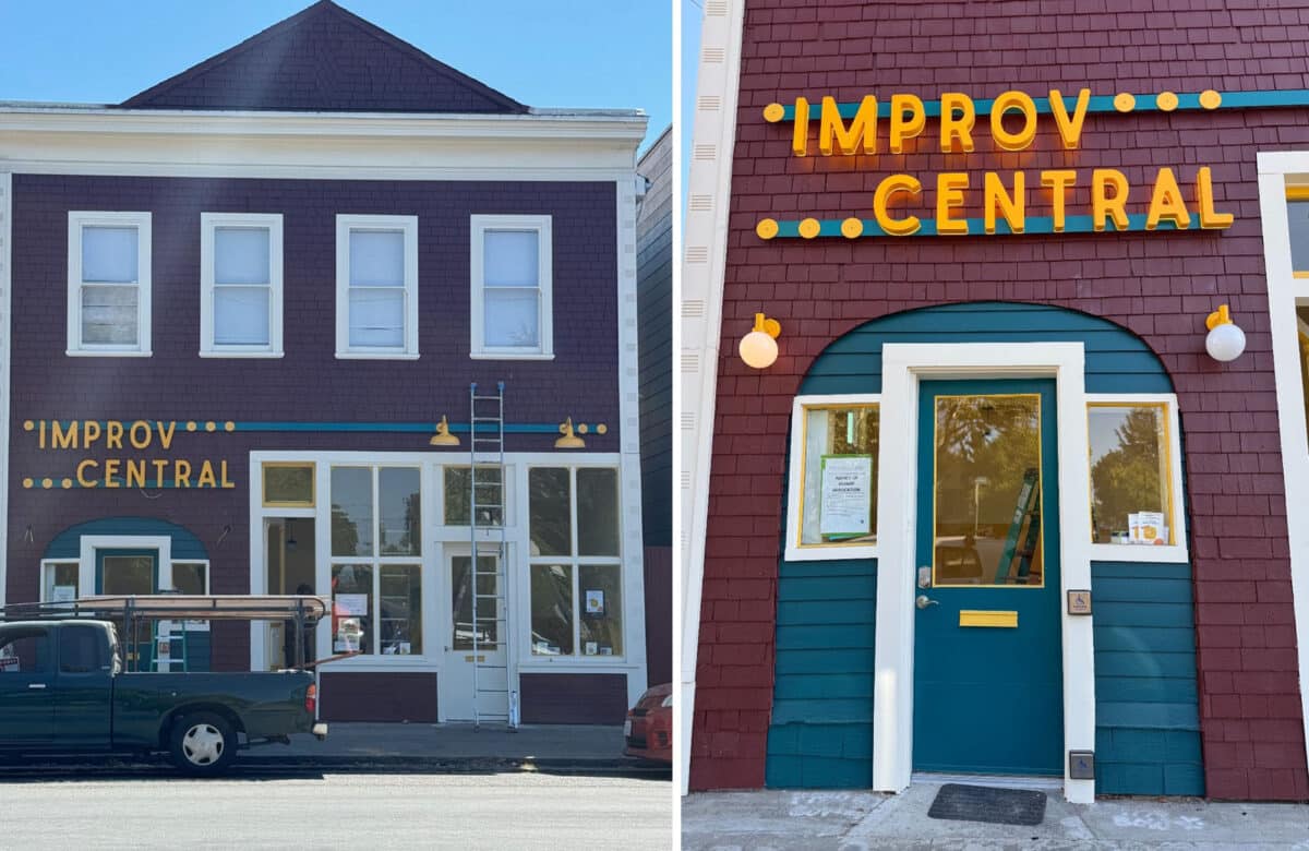Alameda Post - the front of Improv Central before and after a beautiful new sign