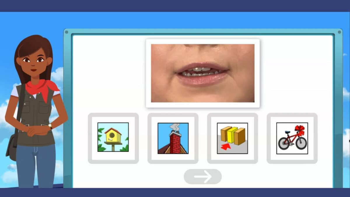 Alameda Post - A screenshot from an Early Reading Difficulties Screener program. An avatar of a woman stands next to a multiple choice question that shows a video of a mouth and four photos of objects.