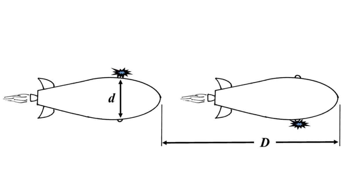 Alameda Post - A math puzzle diagram. Two space ships are depicted next to each other. On the left, a spot at the top of the left ship is marked with a small burst. The height of that spaceship is marked little d. The right space ship indicates where the space ship travels to over time. On the right space ship, the small burst is now on the underside of the spaceship. The distance from the nose of the left space ship to the nose of the right space ship is marked capital D.