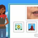 Alameda Post - A screenshot from an Early Reading Difficulties Screener program. An avatar of a woman stands next to a multiple choice question that shows a video of a mouth and four photos of objects.