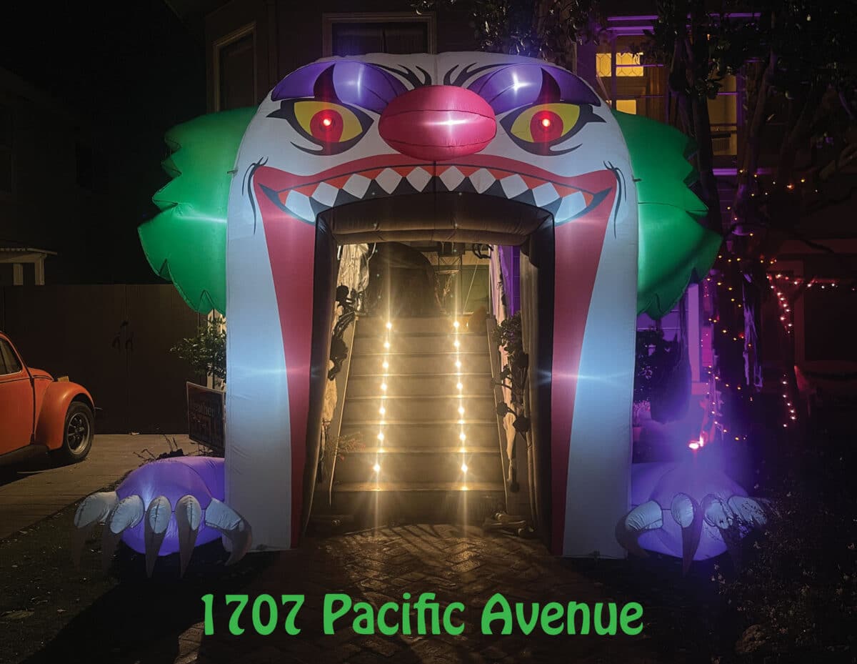 Alameda Post - a huge inflatable clown arch halloween decoration.