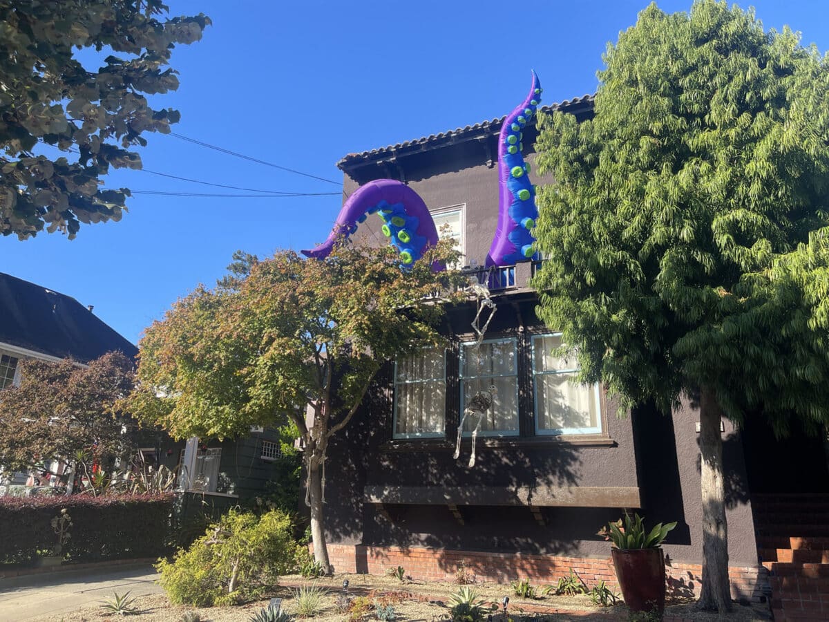 Alameda Post - Large blow up tentacles on the second floor of a large home. The decor gives the appearance of a huge sea monster that is overtaking the inside of the home.