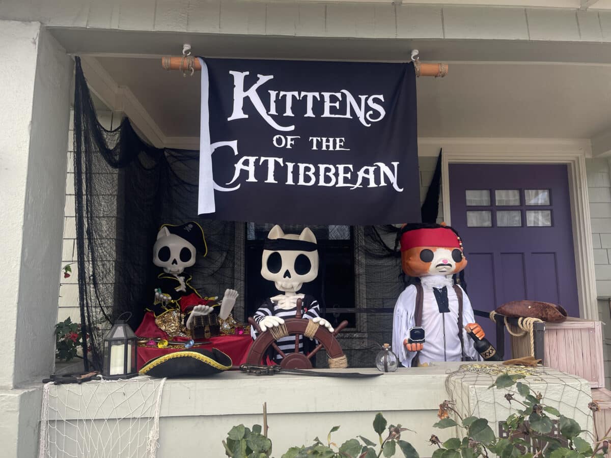 Alameda Post - Halloween decor on a porch. A flag says "Kitten of the Catibbean" and large cats and cat skeletons in cat costumes stand amongst ship decor.