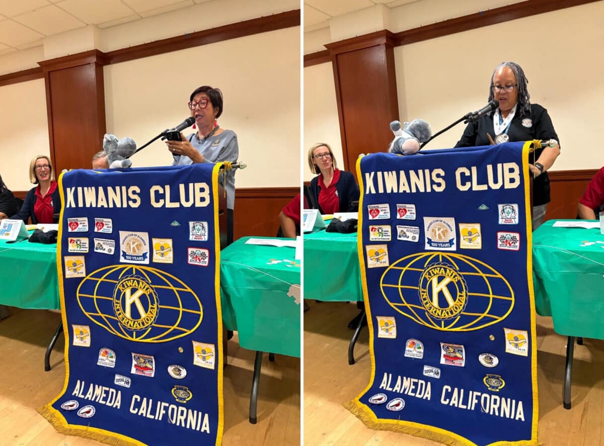 Alameda Post - Two photos of women standing at the Kiwanis Club podium and speaking.