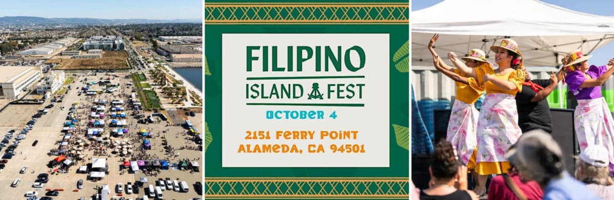 Alameda Post - The poster for the Filipino Island Fest, an aerial view of the festival, and women performing onstage.