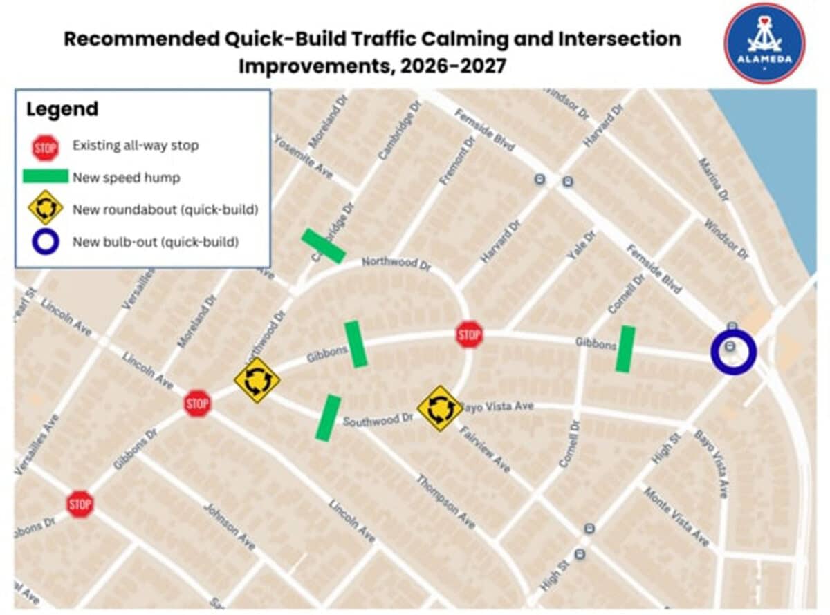 Alameda Post - A diagram labeled "Recommended Quick-Build Calming and Intersection Improvements, 2026-2027" with a map of changes"