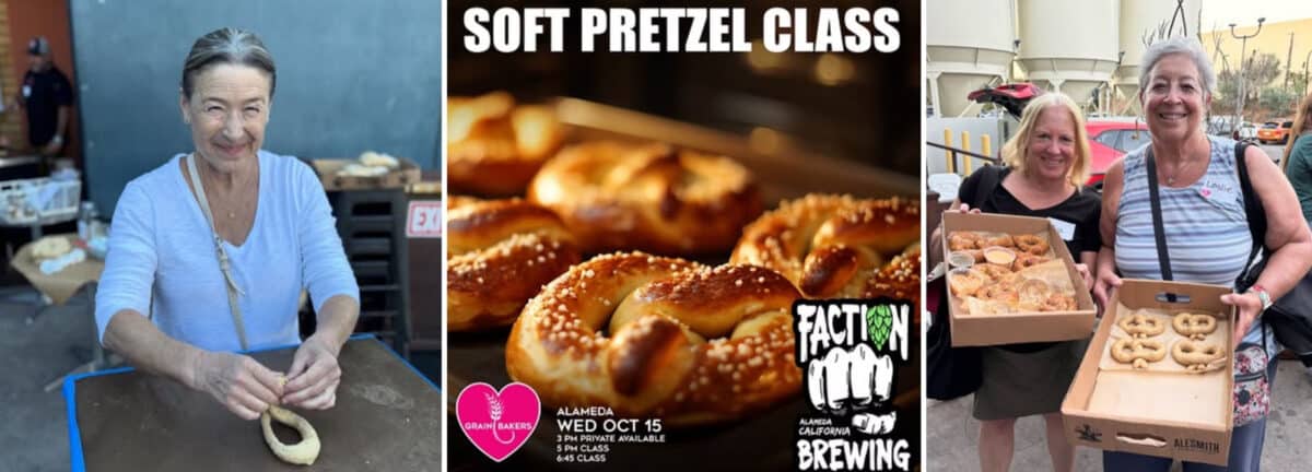 Alameda Post - A poster for a Soft Pretzel Class, and two photos of smiling participants with their dough and pretzels.