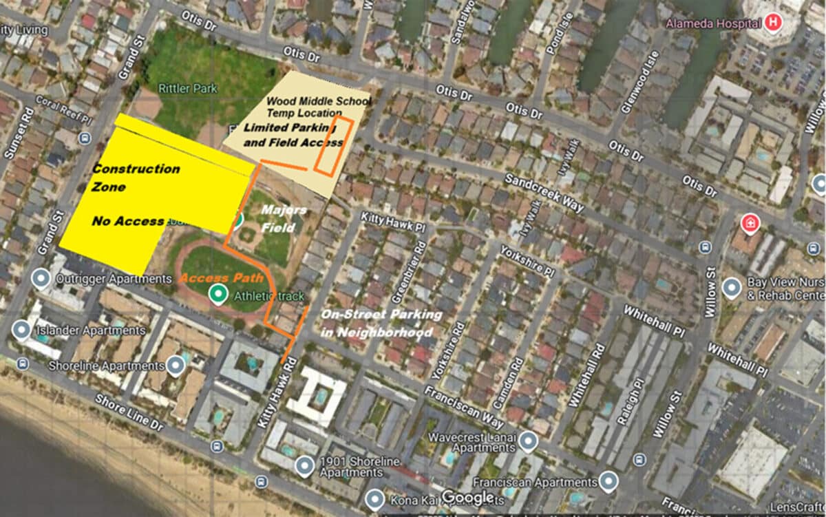 Alameda Post - A Google Maps image of Wood Middle School area with annotations indicating where the Construction Zone, Wood Middle School Temporary Location, and fields are, as well as an access path. 