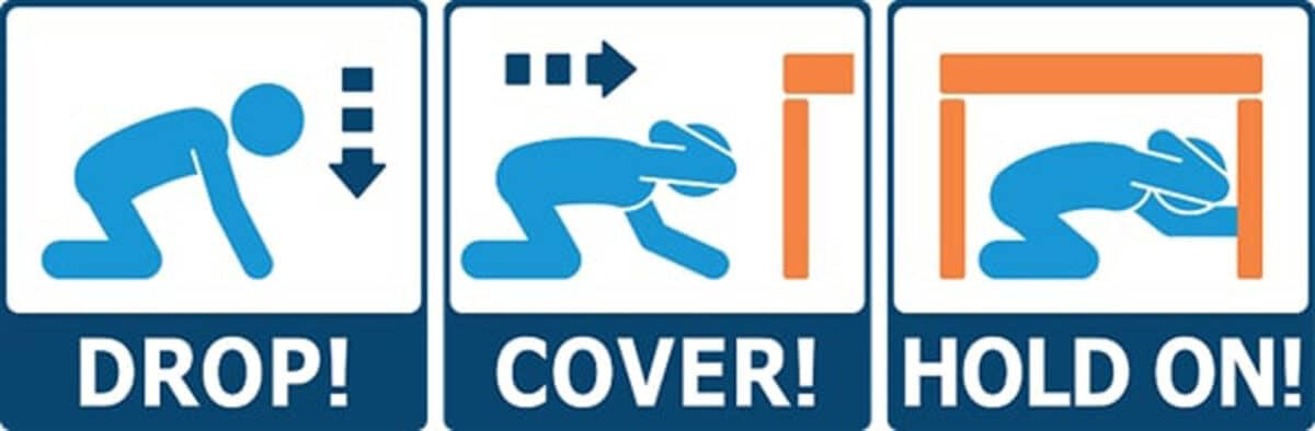 Alameda Post - A graphic with simple drawings of people demonstrating "Drop Cover and Hold On"