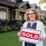 Alameda Post - A red headed woman smiles and holds a "Sold" sign in front of a home.