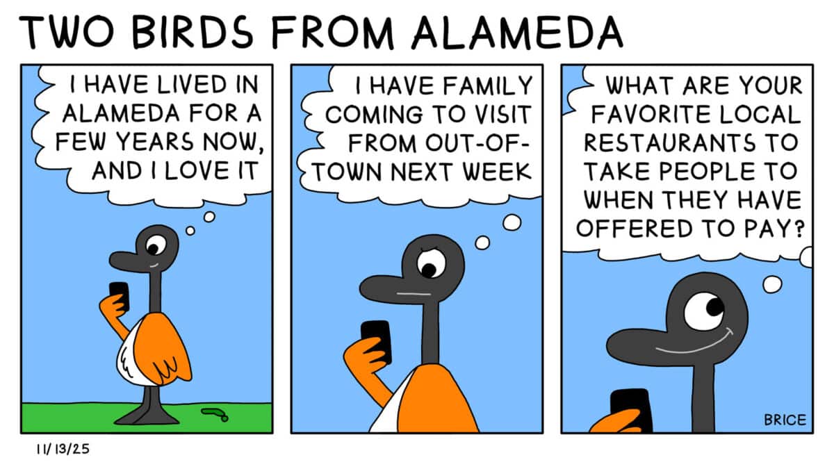 Alameda Post - Two Birds from Alameda for November 13, 2025. First panel: Goose stands, looks at their phone, smiles, and thinks, "I have lived in Alameda for a few years now, and I love it." Second panel: Goose looks at their phone and looks a little worried. They think, "I have family coming to visit from out-of-town next week." Third panel: Goose smiles and asks, "What are your favorite local restaurants to take people to when they have offered to pay?"